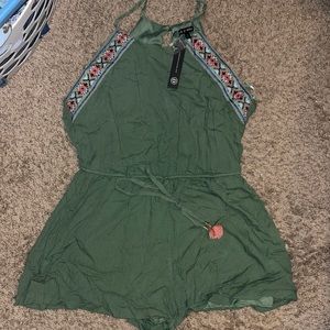 Green embroidered shorts romper